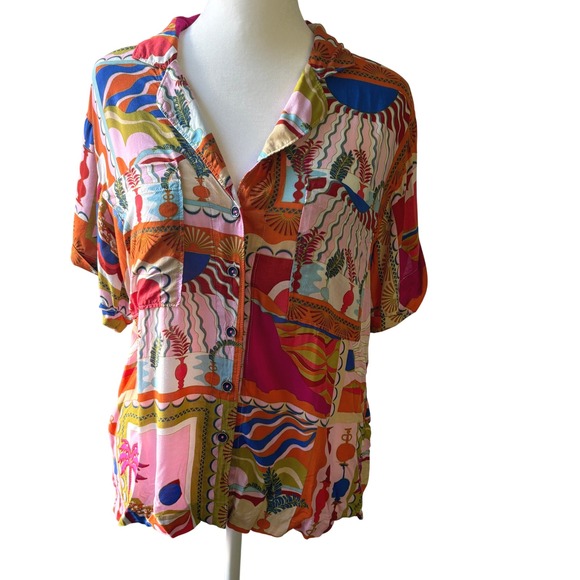 Maeve Anthropologie Bon Voyage Button Down‎ Short Sleeve Colorful Print Top Med - Picture 2 of 13